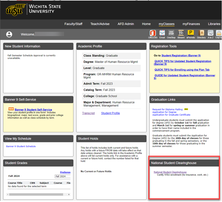 myWSU portal with red box of where to find National Student Clearinghouse