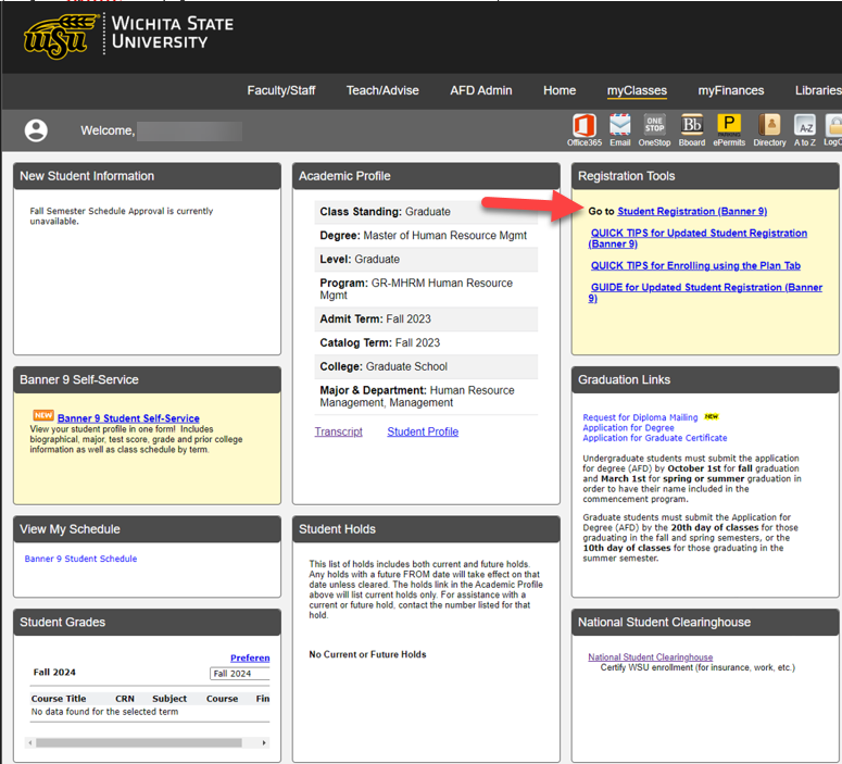 myWSU home page of where to find Student Registration Banner 9