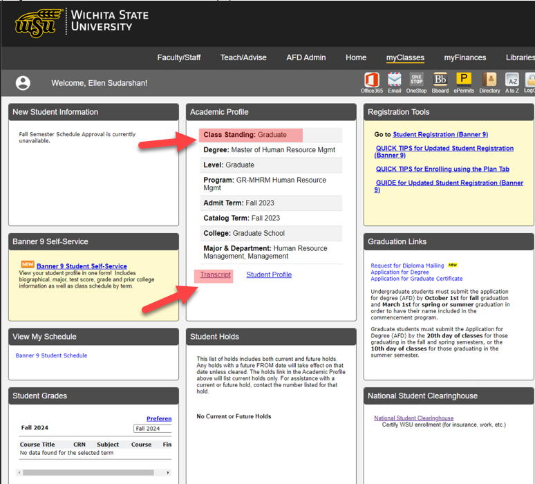 Academic Profile and where to find Class Standing and Transcripts